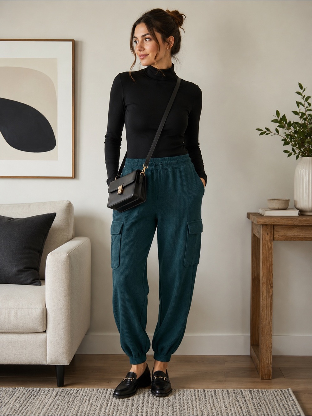 Aerie Traveler Waffle Knit Cargo Jogger Pants Forest Green M Loungewear Modern